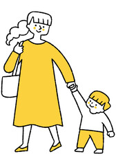 Boy walking hand in hand with mother