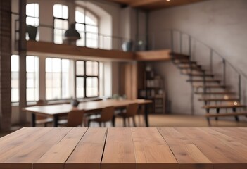 Lofty chill restaurant or cafe with rustic wooden table and Depth of field , blurred background	