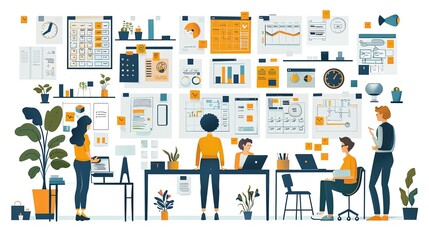 Productivity boosting concept illustration, collection of male and female business people scenes in the productivity boosting scene. mega set flat vector modern illustration