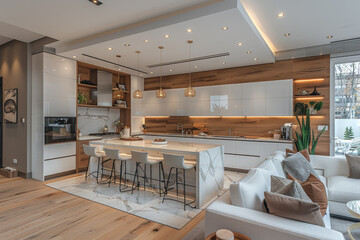 White and Wood Kitchen with Bar