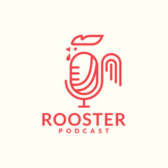 Rooster Podcast logo design. rooster with minimalist line combine with microphone concept.