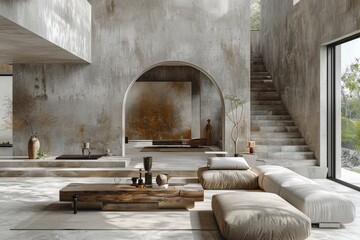 Modern living room featuring a cozy white sectional, large windows, and green plants. An inviting space for relaxation and comfort.