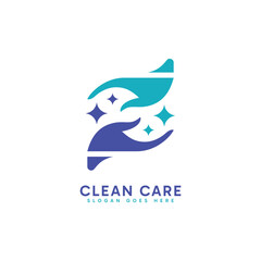 Clean Care services logo design. Abstract minimalist handy care combined with clean sparkling element.