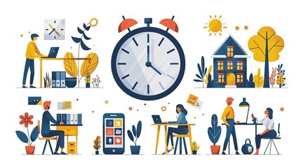 Productivity boosting concept illustration, collection of male and female business people scenes in the productivity boosting scene. mega set flat vector modern illustration