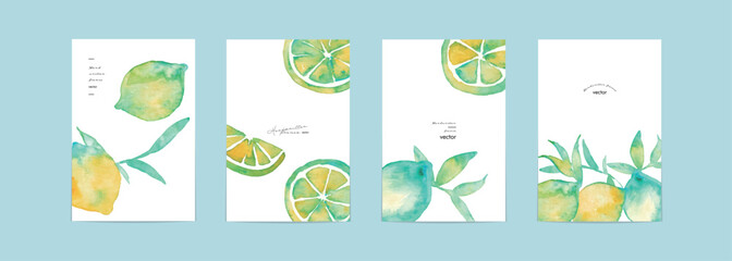 水彩画。水彩タッチのレモンベクターイラスト。水彩のレモンポストカード。夏の爽やかカードテンプレート。Watercolor painting. Lemon vector illustration with watercolor touch. Watercolor lemon postcard. Summer refreshing card template.