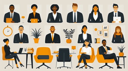 Productivity boosting concept illustration, collection of male and female business people scenes in the productivity boosting scene. mega set flat vector modern illustration