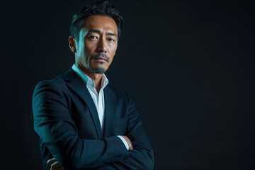 Obraz premium 黒背景にビジネスパーソンの男性とコピースペース「AI生成画像」