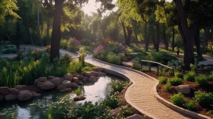 a beautiful and serene garden with curving cobbled paths, surrounded by green trees and diverse flowers