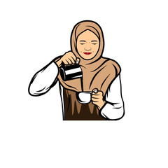 female barista hijab-wearing woman pouring drink from cup container vector illustration