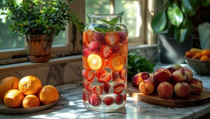 Highlight the natural beauty of seasonal fruits by arranging them in a cascading display next to a pitcher of infused water, evoking the abundance of nature.