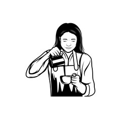 female barista with long hair pouring drinks from a black and white cup container vector illustration