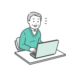 ノートパソコンを笑顔で操作する高齢男性の上半身イラスト