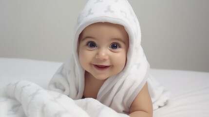 A baby is laying on a bed with a white blanket