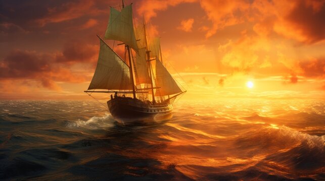 a sailing ship with open sails, sailing through the turbulent waves of the sea at sunset. - Powered by Adobe