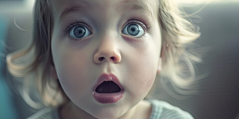 a little girl's face, with big eyes and mouth open in surprise, living room background, generative AI