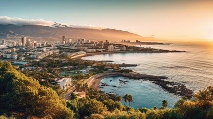 a beach scene at sunset, with the sun casting a warm glow over the entire scene. with gentle waves on the shore, and rugged cliffs bordering the shore