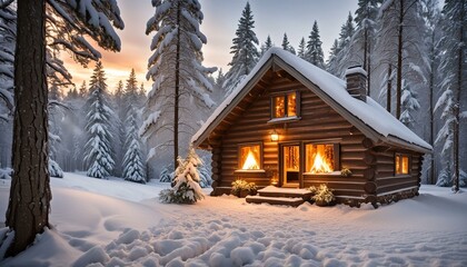 A cozy cabin in the woods during winter, surrounded by a blanket of snow, with a warm fire crackling inside and the soft glow of lanterns in the windows 