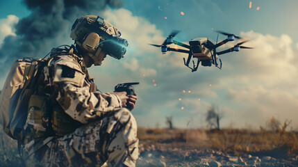 Fototapeta premium 戦場でドローンを操作する兵士のドローン戦「AI生成画像」