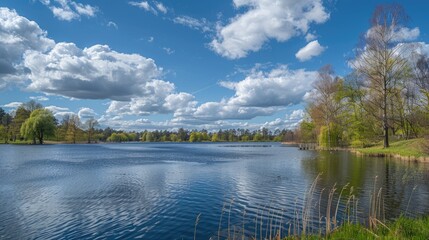 Naklejka premium Blue skies with clouds over Northern Europe during the lovely spring season