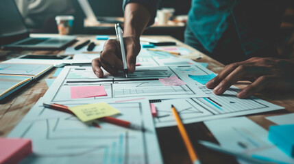 Website designer Creative planning application development draft sketch drawing template layout framework wireframe design studio . User experience concept 