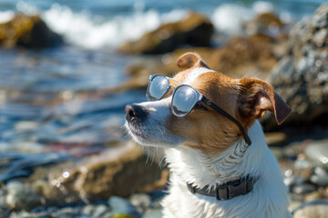 Jack Russell terrier dog in sunglasses relaxing on the beach, stone seashore on background.  Summer holidays, vacation with pets, nature, sea, ocean.