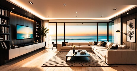 modern living room interior in beachfront mansion house estate on the beach ocean. seaside coastal home estate luxury housing.