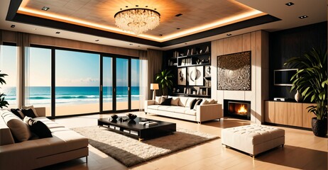 Fototapeta premium modern living room interior in beachfront mansion house estate on the beach ocean. seaside coastal home estate luxury housing.
