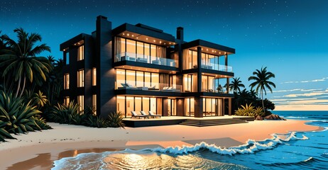 Fototapeta premium mansion house on tropical beach at night. modern home exterior beachfront property on seashore next to ocean sea water.