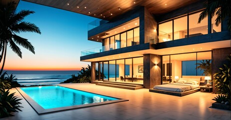 Fototapeta premium mansion house on tropical beach at night. modern home exterior beachfront property on seashore next to ocean sea water.