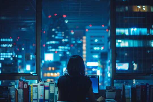 夜のオフィスビルで残業する人々「AI生成画像」