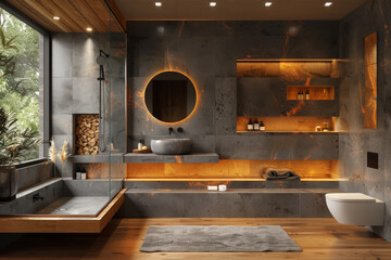 Gray and Wooden Bathroom with Tub