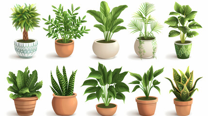 Obraz premium Set of different plants in pots isolated on white background illustration
