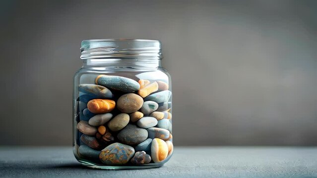 Glass jar filled with various smooth, colorful pebbles on grey surface