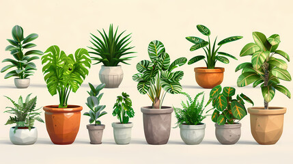 Fototapeta premium Set of different plants in pots isolated on white background illustration