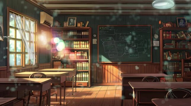 illustration digital classroom with bookshelf, a blackboard with lots of scribbles, table, and chair. carton video animation looping 4k
