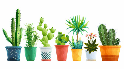 Set of different plants in pots isolated on white background illustration