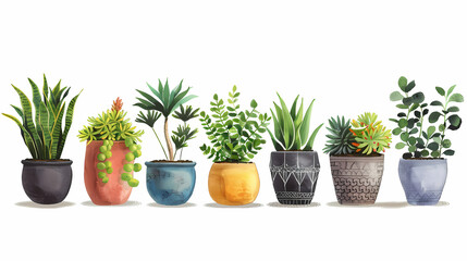 Set of different plants in pots isolated on white background illustration