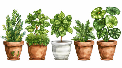 Fototapeta premium Set of different plants in pots isolated on white background illustration
