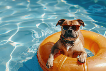 Brown boxer dog in sunglasses relaxing in the swimming pool with orange floating ring. Summer holidays, vacation with pets, relaxion, spa, resort, hotel.
