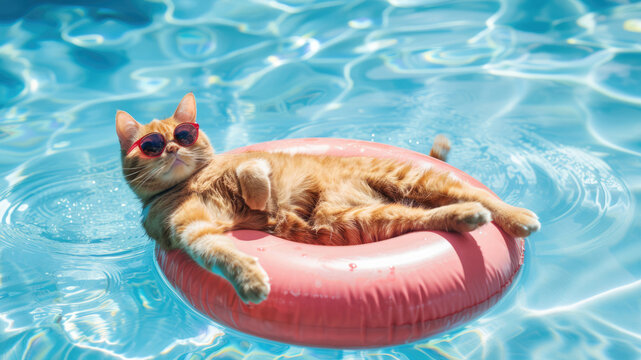 Adorable fluffy orange cat in sunglasses chilling in the swimming pool on pink floating tube. Summer holidays with pets, vacation, relaxion, spa, resort.