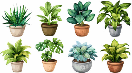 Fototapeta premium Set of different plants in pots isolated on white background illustration