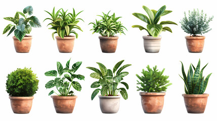 Obraz premium Set of different plants in pots isolated on white background illustration