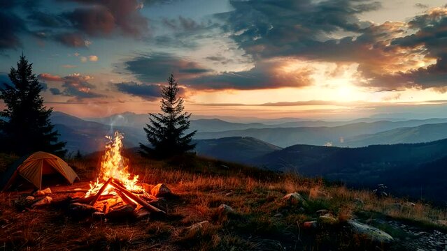 Mesmerizing Flames Dancing in Firepit at Majestic Hilltop Campground. Seamless looping time-lapse virtual 4k video animation background