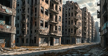 abandoned post apocalyptic urban city ruins. empty aged old building exterior derelict. decayed skyscraper apartment buildings.