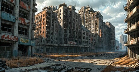 Fototapeta premium abandoned post apocalyptic urban city ruins. empty aged old building exterior derelict. decayed skyscraper apartment buildings.