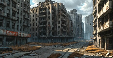 abandoned post apocalyptic urban city ruins. empty aged old building exterior derelict. decayed skyscraper apartment buildings.