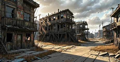 Fototapeta premium abandoned post apocalyptic urban city town house ruins. empty aged old building exterior derelict. decayed skyscraper apartment buildings.