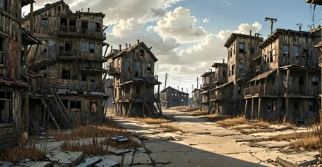 abandoned post apocalyptic urban city town house ruins. empty aged old building exterior derelict. decayed skyscraper apartment buildings.