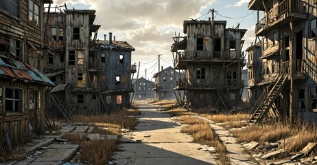 Fototapeta premium abandoned post apocalyptic urban city town house ruins. empty aged old building exterior derelict. decayed skyscraper apartment buildings.