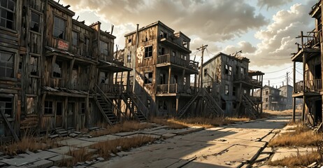 Fototapeta premium abandoned post apocalyptic urban city town house ruins. empty aged old building exterior derelict. decayed skyscraper apartment buildings.